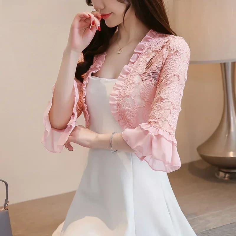Cardigan élégant en dentelle rose doux pour femmes, haussements d'épaules pour robe de soirée, manches évasées, châles, manteau basique, vestes, vêtements d'été