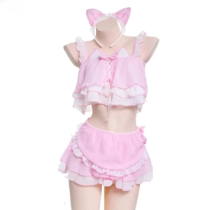 AniLV – maillot de bain Lolita pour filles, uniforme de bain avec oreilles de chat roses mignons, Cosplay de fête de piscine