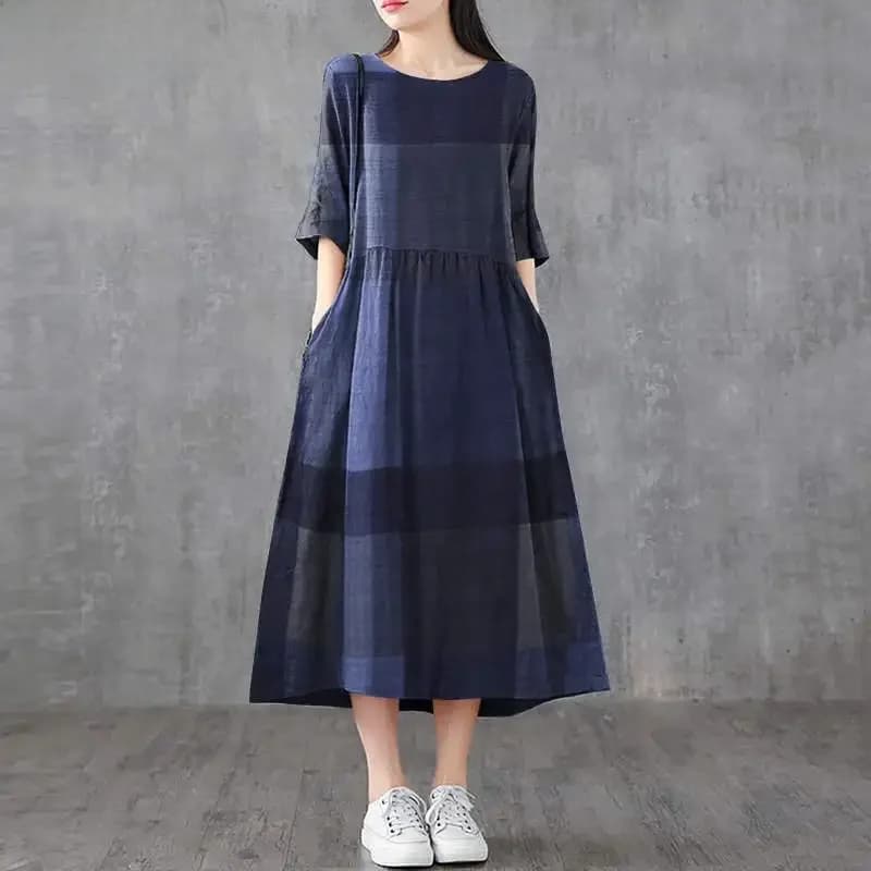ZANZEA – Robe mi-longue à carreaux pour femmes, Vintage, décontractée, en coton et lin, à la mode, col rond, surdimensionnée, été, 2023