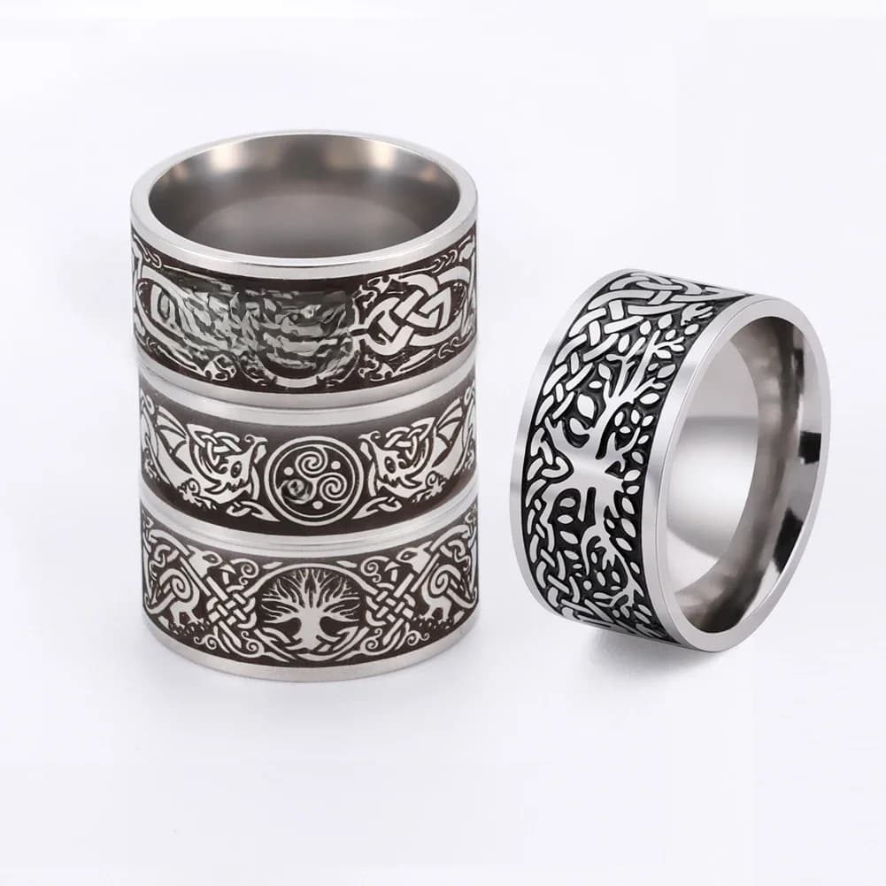 Bague de défense de dragon de style viking vintage pour hommes et femmes, anneau de doigt de couple, noeud d'amour nordique, punk, hip hop, rock, arbre de vie, loup, cadeau