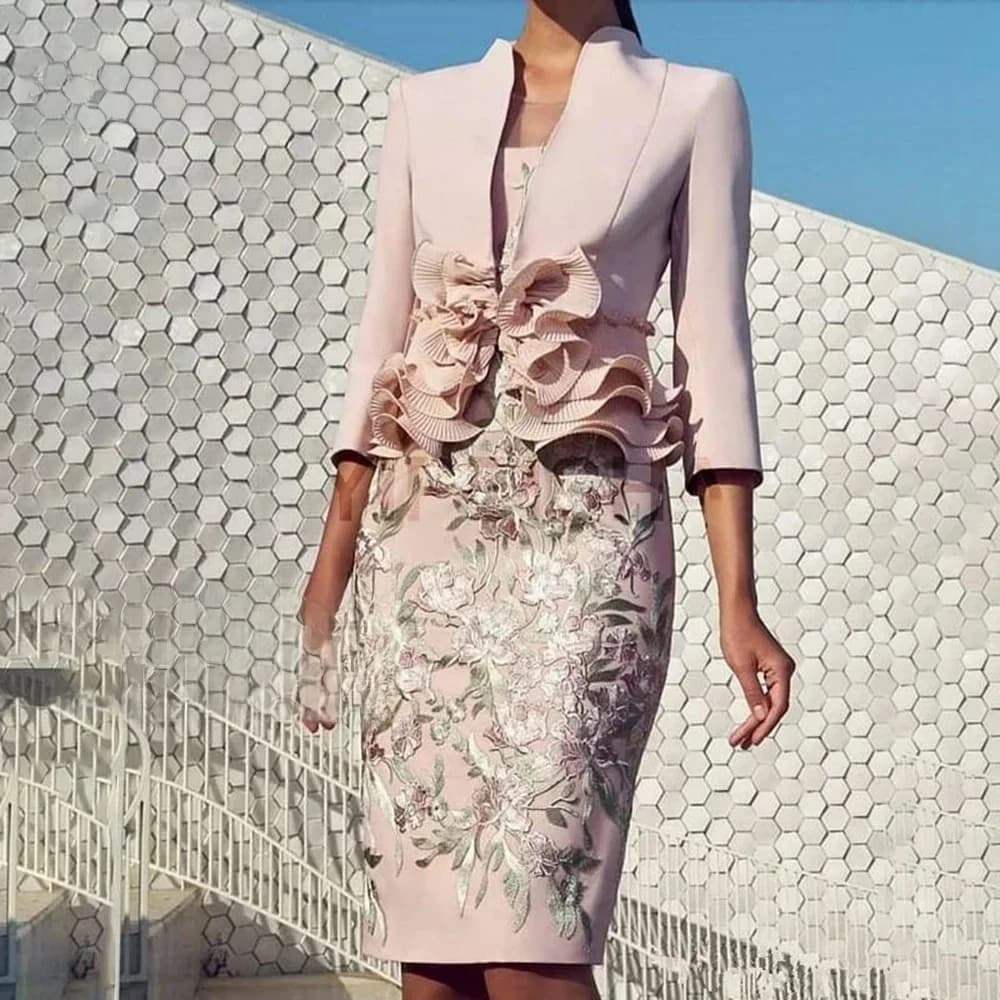 Robes mère de la mariée personnalisées rose pâle, avec manches longues, volants en dentelle, longueur aux genoux, robe de mariée formelle pour femmes, 3/4