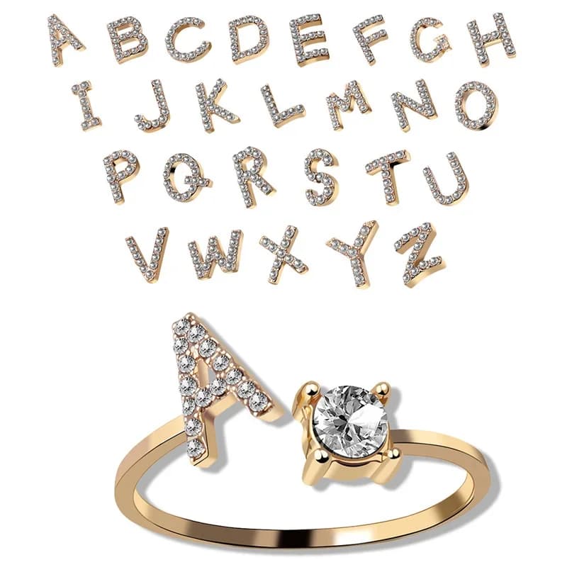 Bagues ouvertes ajustables tendance avec initiales 26 lettres pour femmes, couleur or, zircon, bijoux pour amoureux