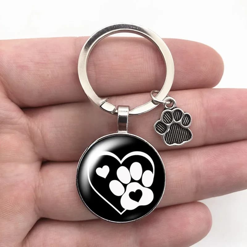 Amour chat empreintes d'animaux chiens verre Cabochon porte-clés sac voiture porte-clés porte-anneau breloques porte-clés pour hommes femmes cadeaux