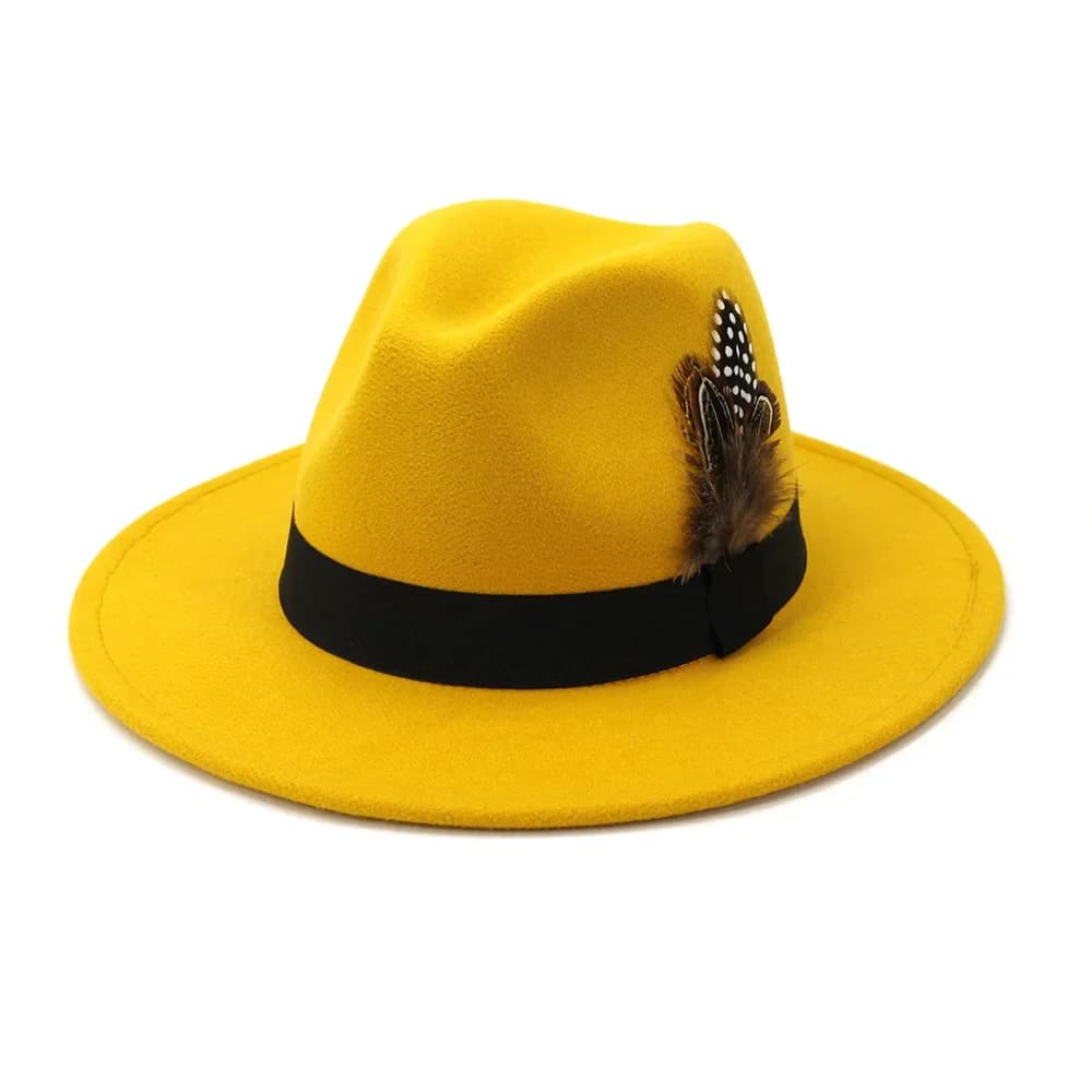 Plume jaune Fedoras hommes fedora chapeau hommes panama casquette unisexe chapeau militaire couleur fedoras grand bord chapeau église chapeau fête chapeau