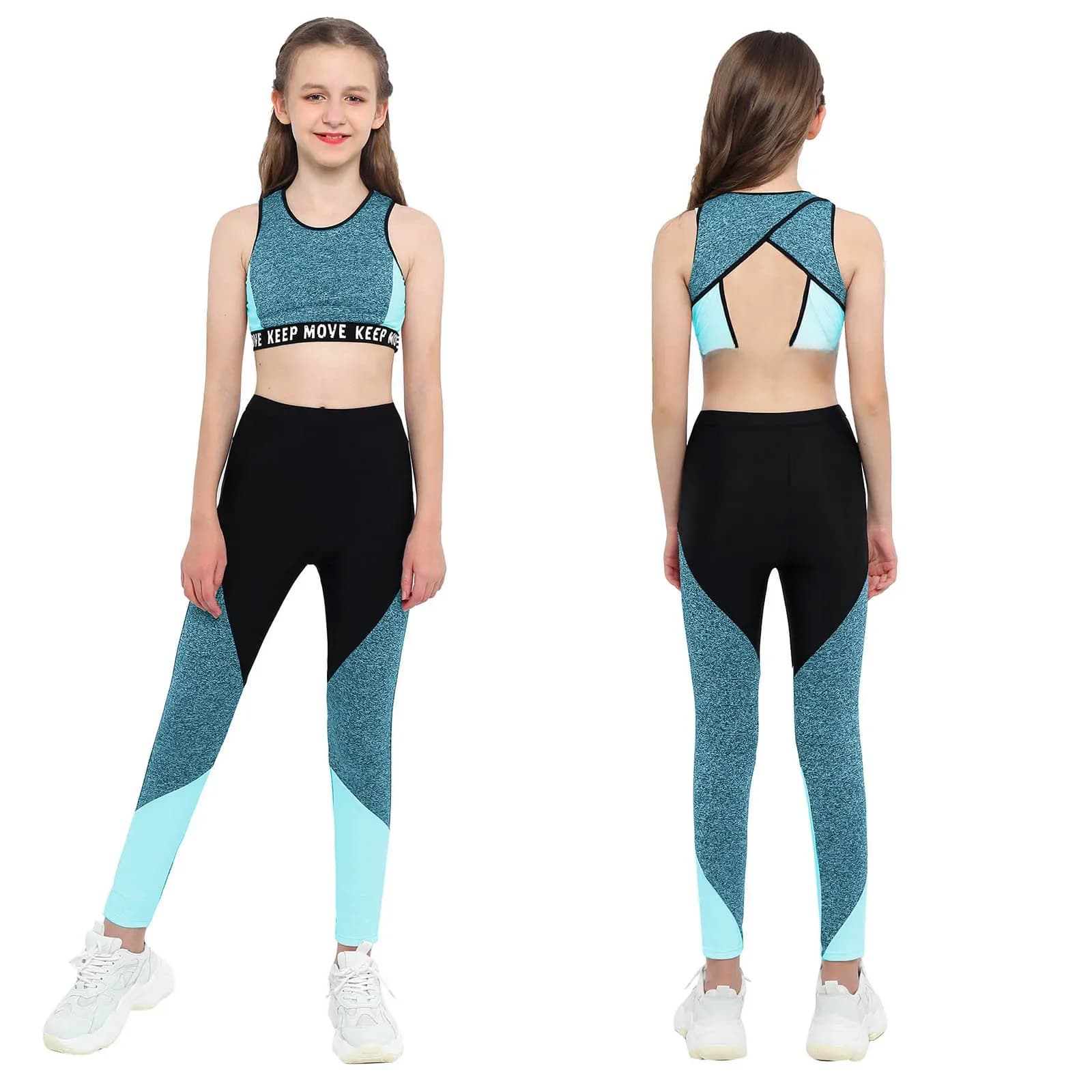 Vêtements de sport pour enfants filles, tenues de gymnastique, d'entraînement, de course, col rond, épaules larges, hauts + pantalons, ensemble de vêtements de sport pour filles