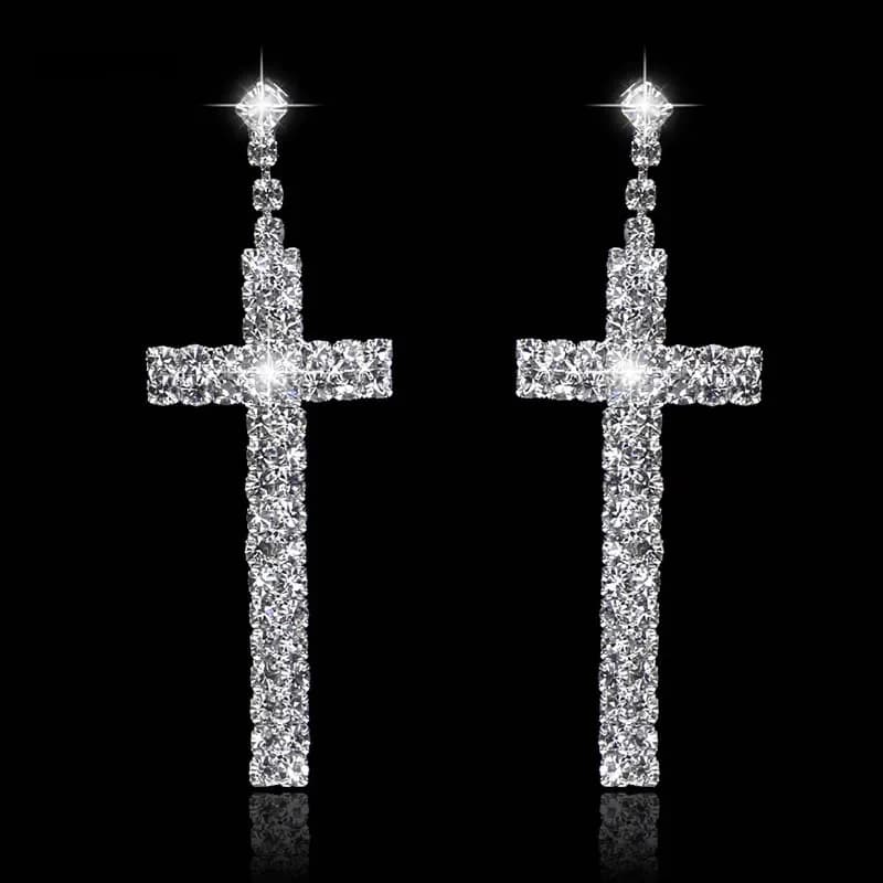 BLIJERY-Boucles d'Oreilles sulfen Forme de Croix pour Femme, Bijoux en Clip, Patients, Documents Argentés, Strass, Pendants de Mariage, Cadeaux