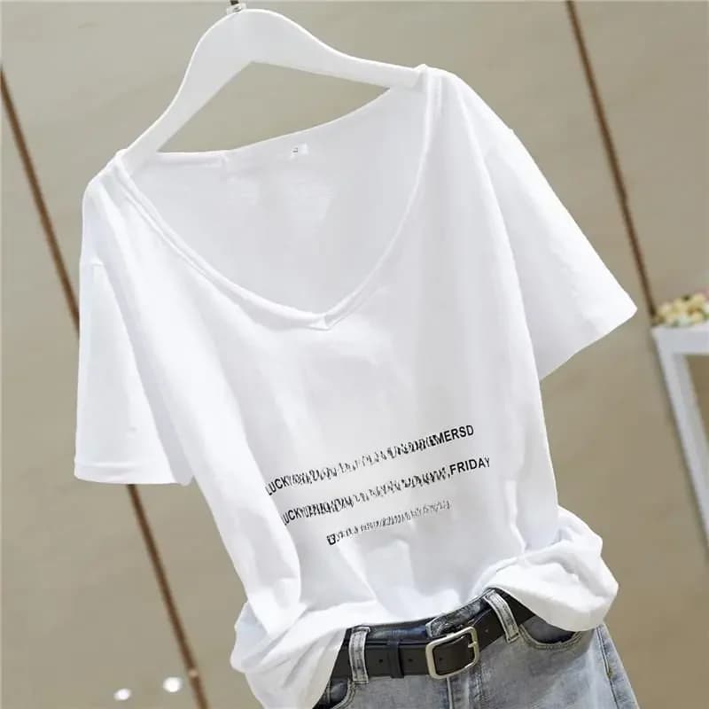 T-shirt Femme 2026 Nouveau Col en V Ample en Coton Slub à Lettres, Manches Courtes, Style Décontracté, Tendance Ins, Top Sexy