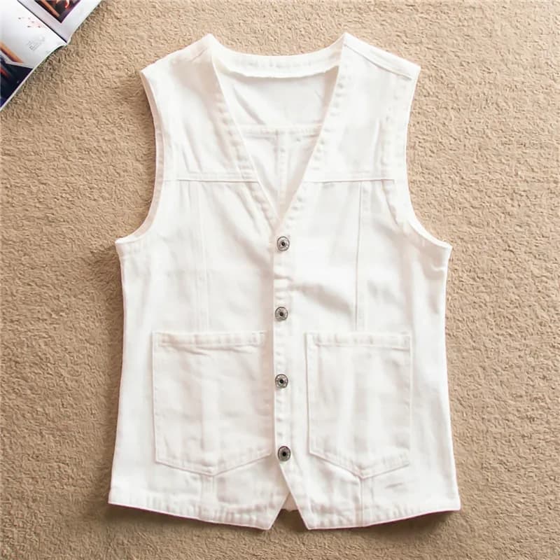 # Gilet en jean blanc et bleu pour femme, décontracté, coupe ajustée, col en V, simple boutonnage, sans manches, tailles S-6XL