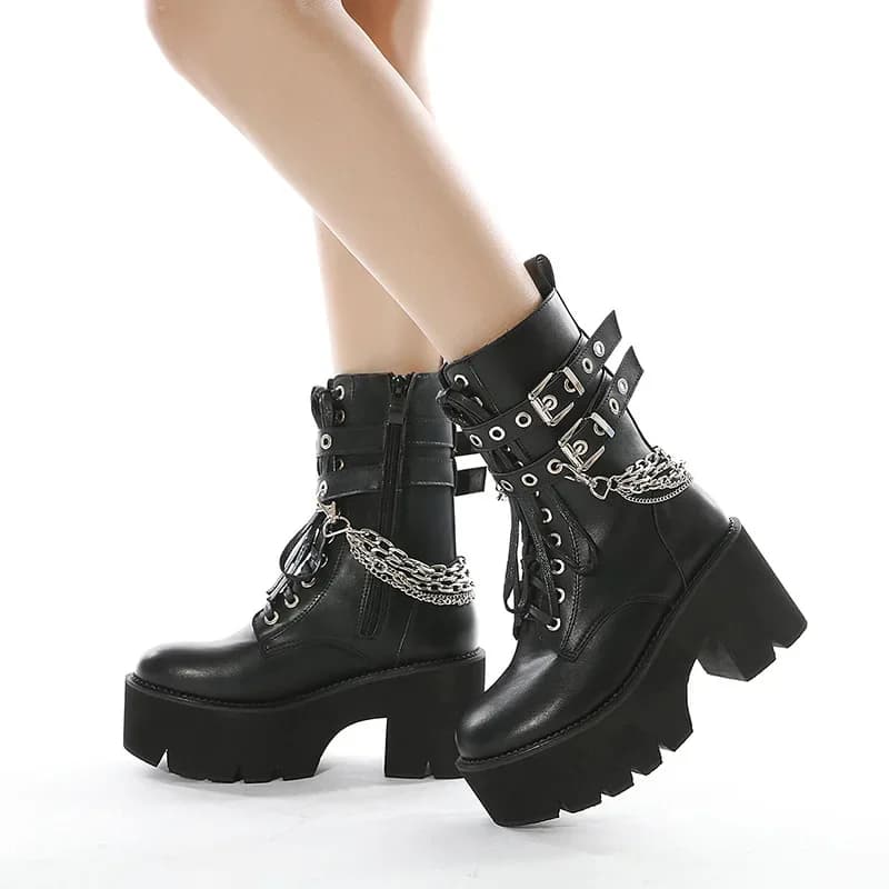 Bottes noires gothiques en cuir pour femmes, bottes à plateforme, talon sexy, bottes de rinçage, fermeture à glissière, style punk féminin, haute qualité