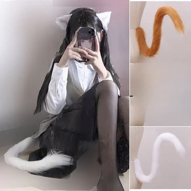 Fourrure de simulation d'oreille de queue de chat, noir, blanc, gris, accessoires de performance d'Halloween, cosplay