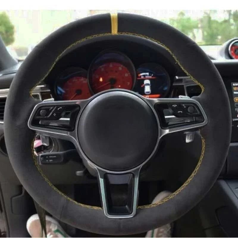 Housse de volant de voiture cousue à la main, en cuir véritable noir souple, daim, pour Porsche Macan Cayenne 2015 – 2016
