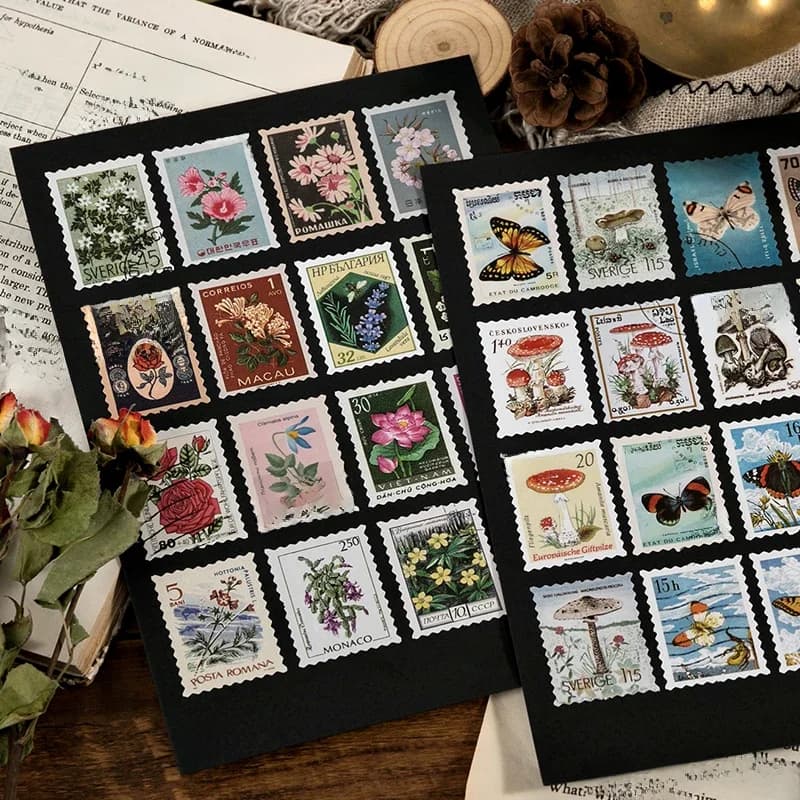 Yoofun 46 pièces/paquet autocollants Vintage timbre-poste autocollant rétro musée fleur plantes château étiquette pour Scrapbooking Journal bricolage