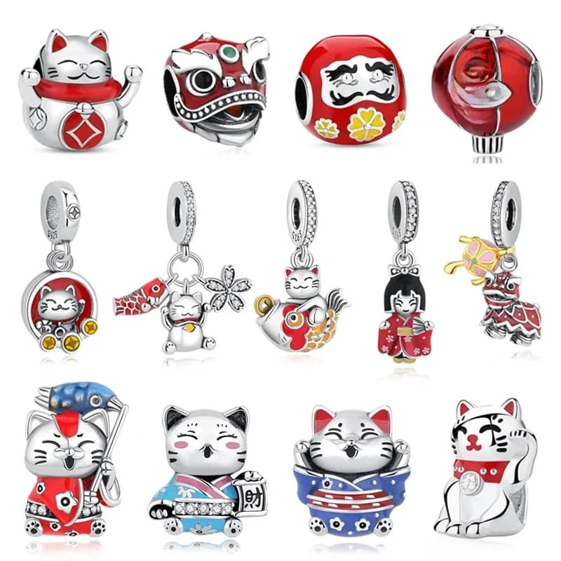 Breloques en argent Sterling 925, chat de Fortune, pendentif du nouvel an chinois, perles pour fille japonaise, adaptées aux Bracelets de marque, colliers, bijoux pour femmes