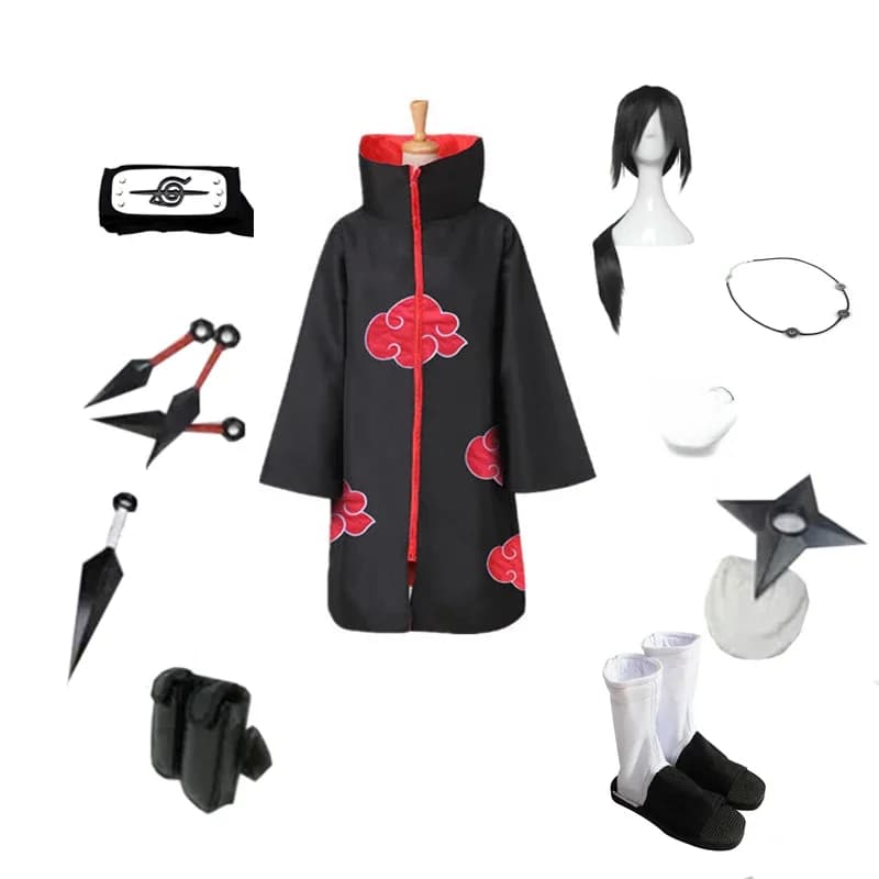 Brdwn-Akatsuki Itachi Costume Cosplay Unisexe Trempé, Nuage Rouge Everak, Bande de Sauna, Chaussures, Bague, Kunai, Sac, Shuriken, Collier
