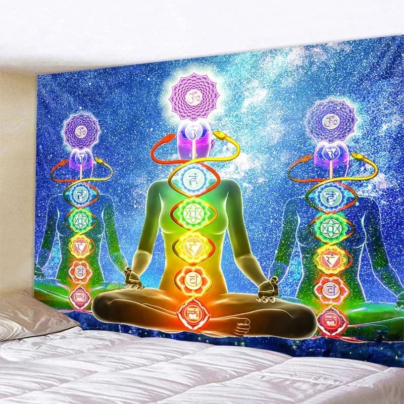 Tapisserie Mandala Bouddha Yoga Indien - Décoration Murale Fantaisie de Méditation Sept Chakras Bohème Hippie Sorcellerie Psychédélique pour la Maison