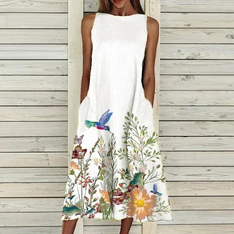 Robe d'été imprimée de fleurs à col rond pour femmes, robe en fibre de poche, robe de soirée décontractée, mode féminine, 2021