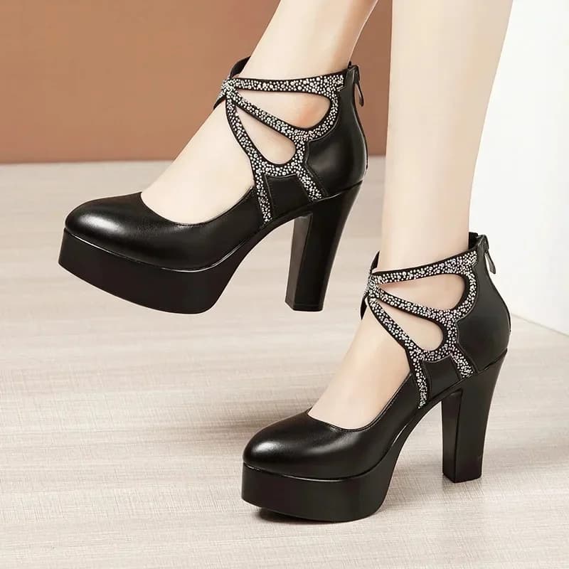 Chaussures de gladiateur noires à strass, petite taille 32-43, escarpins à plateforme à fond épais, bloc 2025, chaussures à talons hauts pour modèle de fête au bureau