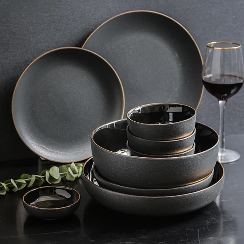 Ensemble de vaisselle en céramique conviviale rée ronde nordique, bol noir et or, assiette simple, coup d'or, cuillère à vaisselle, 8 po, 380ml