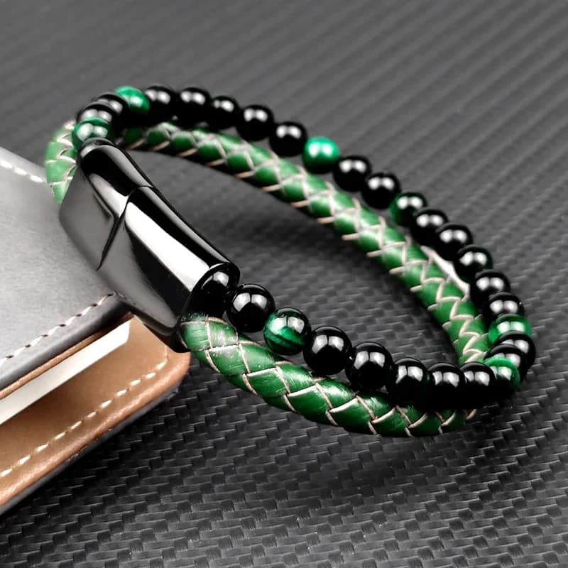 MingAo mode perles de pierre verte hommes Bracelet multicouche Bracelet en cuir Punk bijoux en acier inoxydable fermoir magnétique bracelets