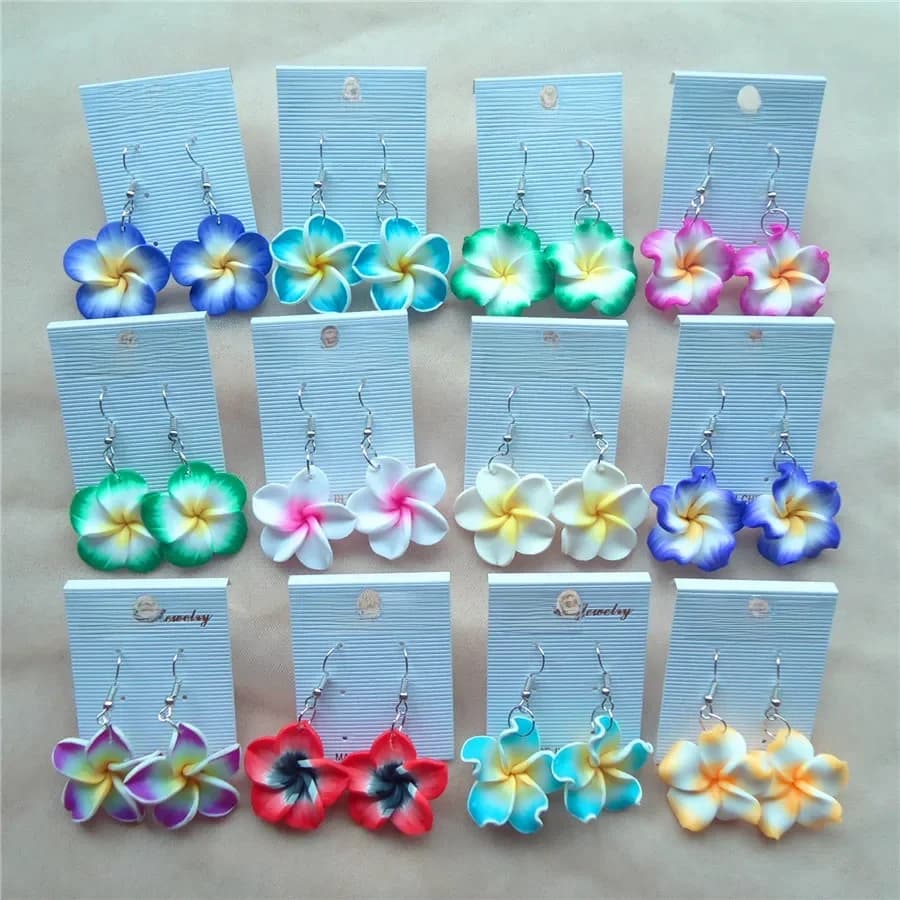 Boucles d'oreilles hawaïennes en argile polymère, fleurs de Plumeria, mélange de Frangipani pour femmes, accessoires de bijoux hawaïens, 3cm, 6 paires/lot