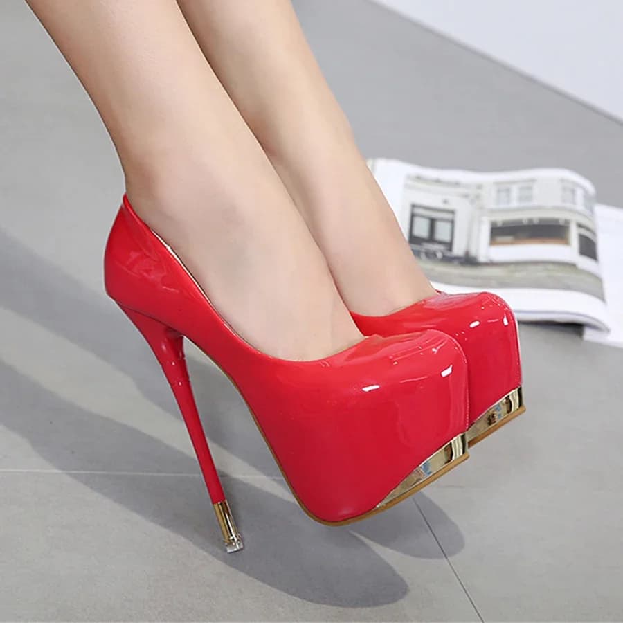 Talons Super Hauts de 16cm en Cuir Verni pour Femme, Chaussures de Mariage Rouges, Noires, Plateforme en Métal, Sexy, Parker Rond, Escarpins de ix, Automne 2025