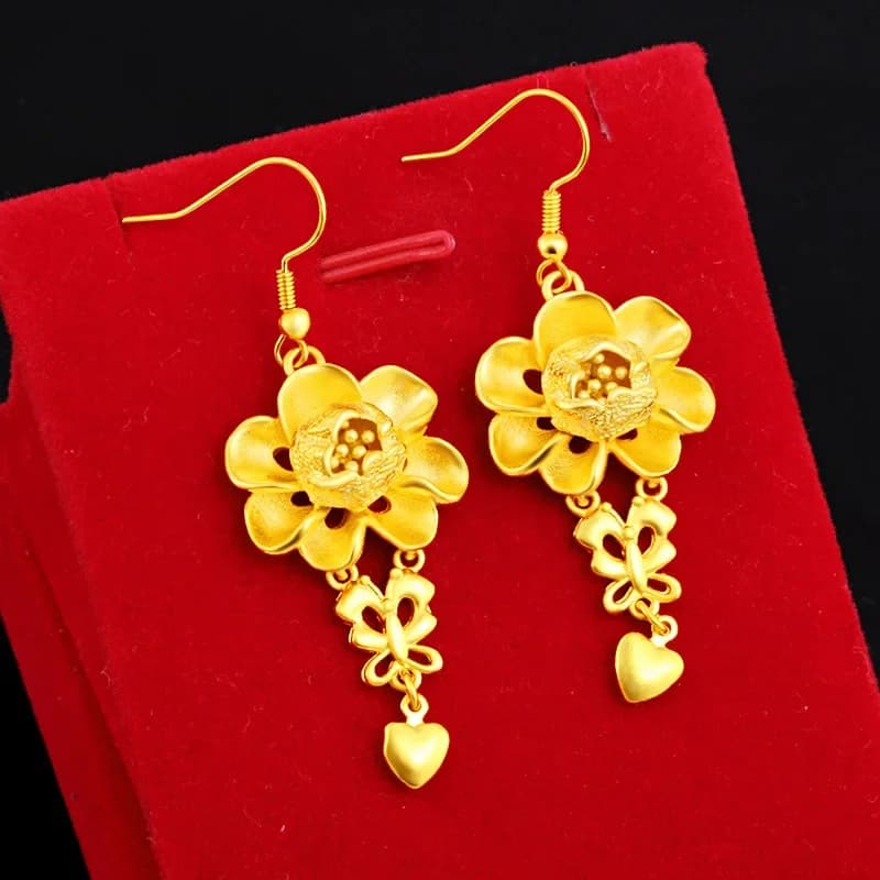 Boucle d'oreille fleur en or jaune 22 carats pour femme, bijoux coeur romantique