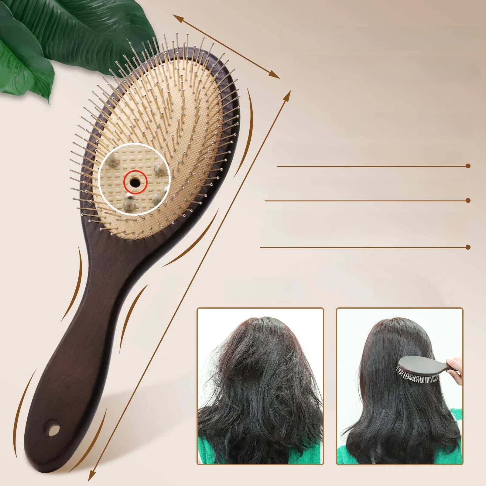 Brosse de massage du cuir chevelu Denman en acier, brosse à cheveux en bois avec aiguilles en acier, brosse à cheveux à coussin d'air pour démêler les cheveux