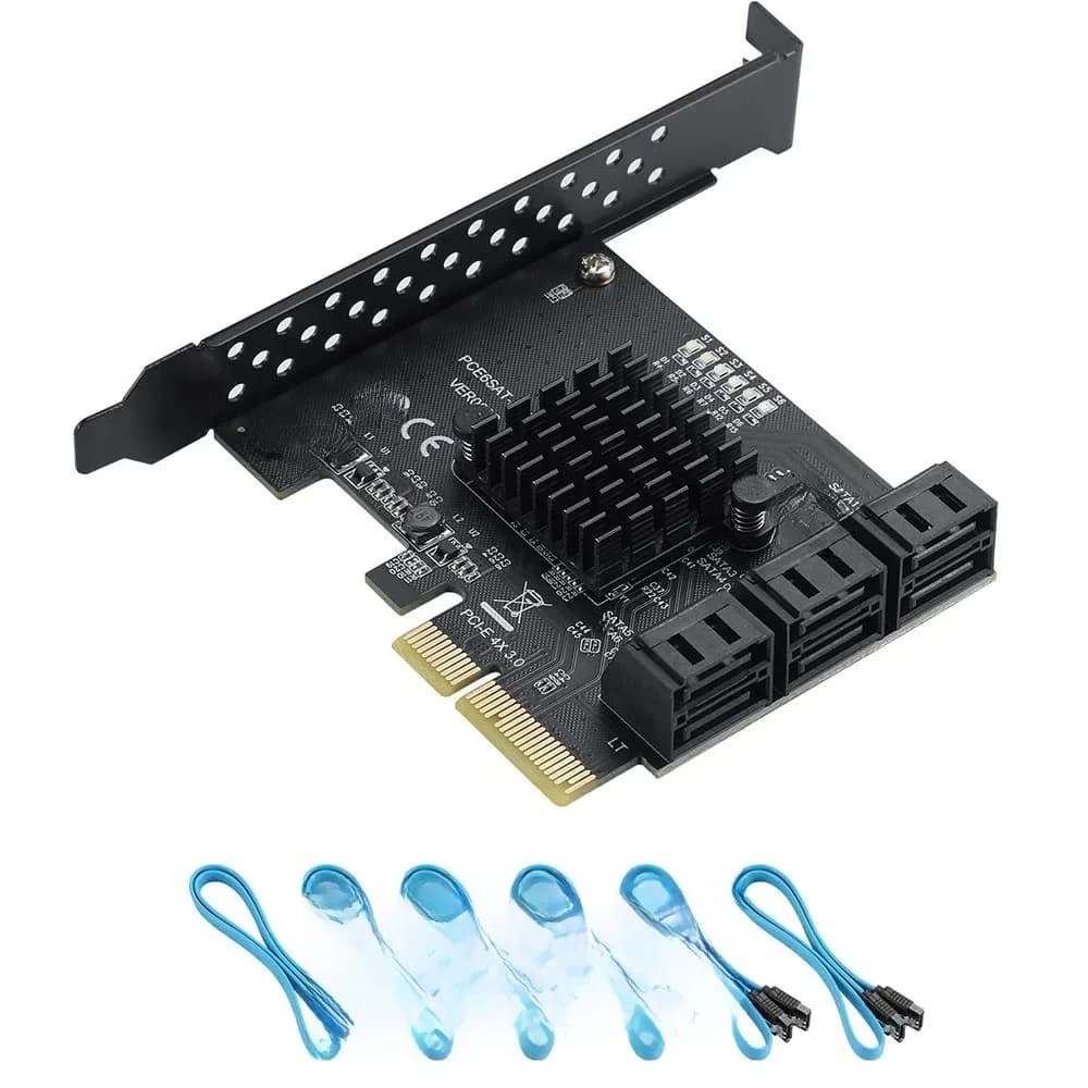 Carte SATA PCIe 4X 1X 6 ports, carte PCIe SATA 3.0 6 Gbps, carte d'extension de contrôleur PCIe vers SATA, sans RAID, avec 6 câbles SATA