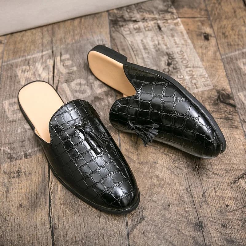 Mules en cuir verni crocodile noir pour homme, demi-chaussures de styliste à la mode, chaussures de luxe décontractées à enfiler