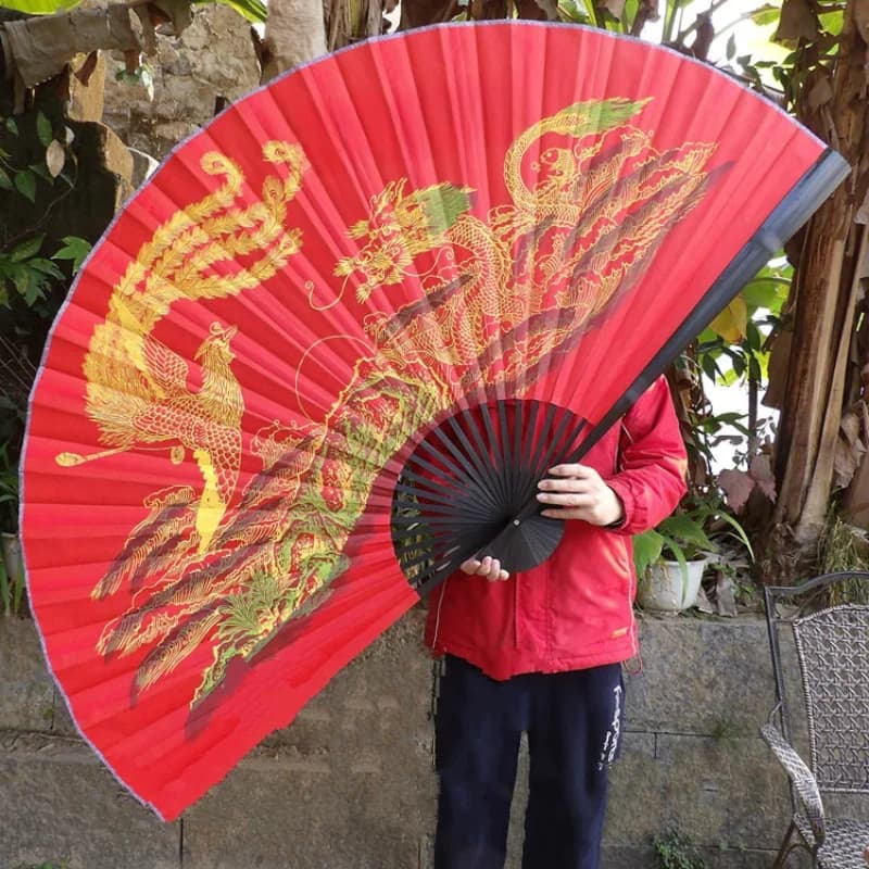 Grand ventilateur décoratif rouge, grille pliante surdimensionnée, dragon chinois et phénix GérClassical, support mural, cadeau dermatologique