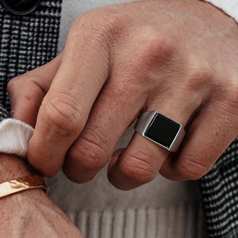 Bague pour hommes, bague chevalière carrée en acier inoxydable, bagues Pinky pour hommes en émail noir, bijoux pour hommes