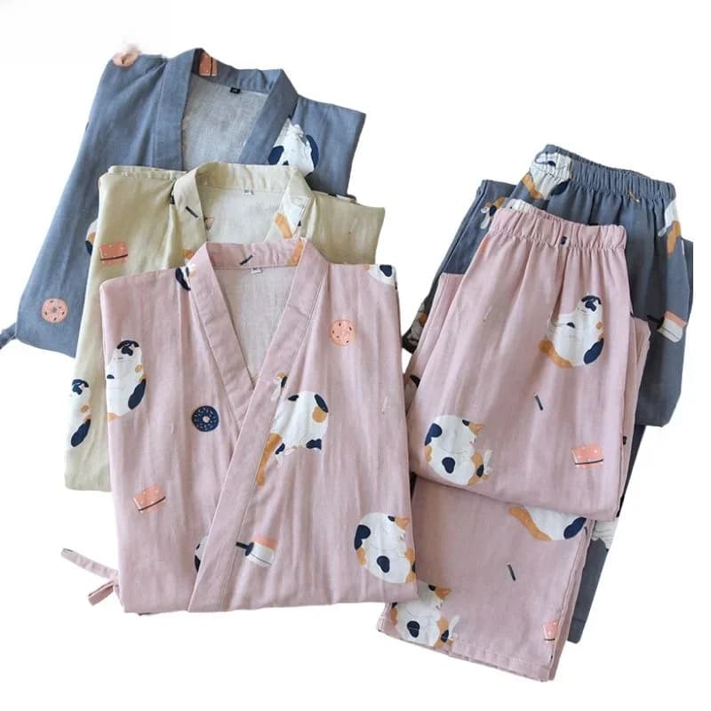 Ensemble de Pyjama en Gaze pour Homme et Femme, Kimono Traditionnel Japonais, Imprimé de Chats Mignons, Chemise de Nuit