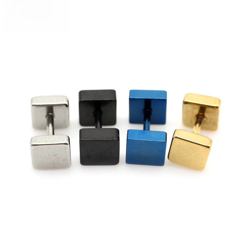Alisouy 2 pièces Punk noir or couleur acier inoxydable unisexe femmes hommes haltères carrés vis oreille goujons boucles d'oreilles Piercing bijoux