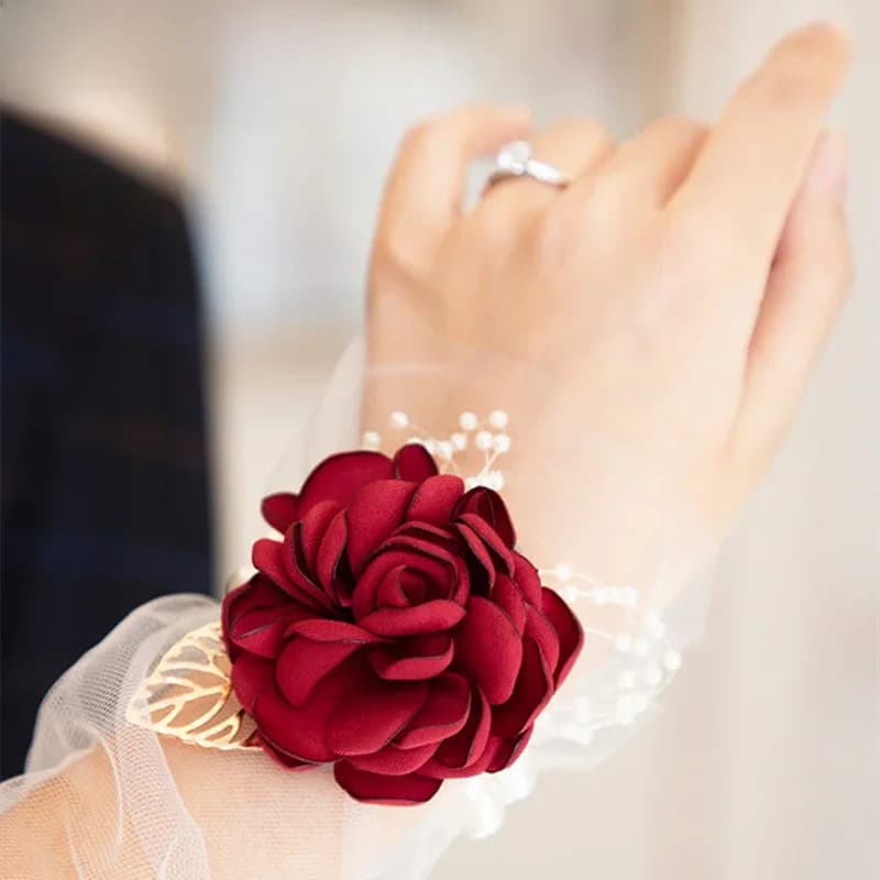 YO CHO poignet Corsage Bracelet de mariage pour demoiselle d'honneur bordeaux soie poignet Corsage demoiselle d'honneur sœurs main fleurs hommes boutonnière