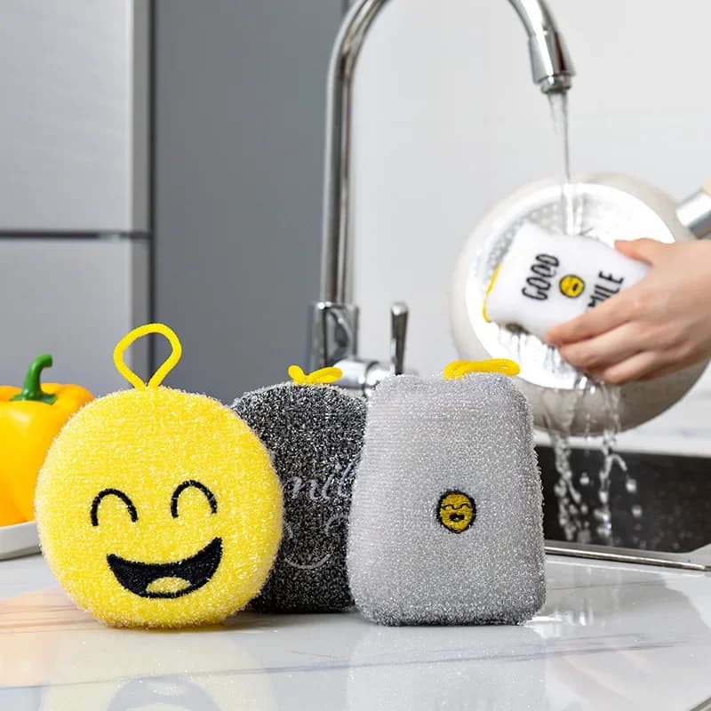 Éponges à récurer Double Face Smiley Face, 4 pièces, dessin animé, tampons à récurer, pour la cuisine, pour le lavage des pots et des bols