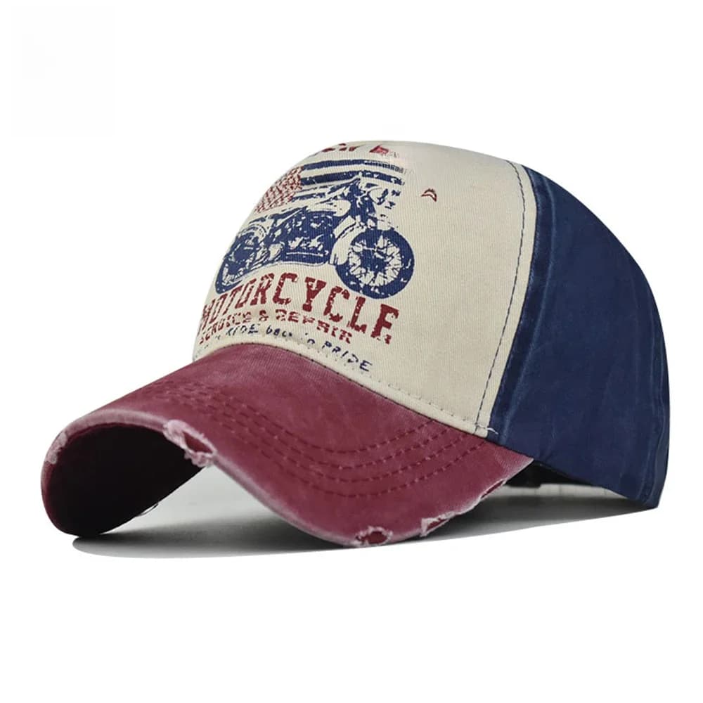 Casquette de baseball FS Fashion rouge et bleue à imprimé moto pour hommes et femmes, casquette trucker en coton délavé, casquettes hip hop de style street américain, Bone 2026