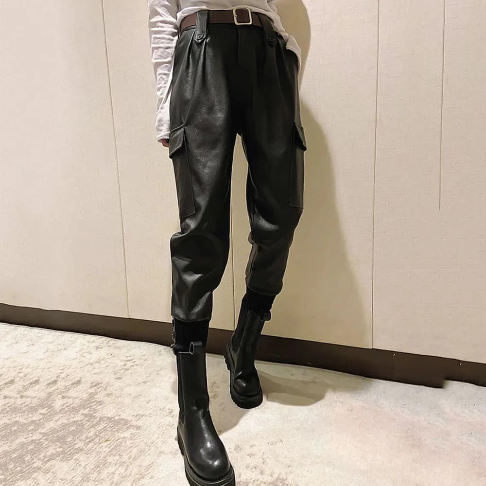 Pantalon en similicuir PU pour femme, pantalon taille haute, poches élégantes, streetwear chic, noir, hiver, automne