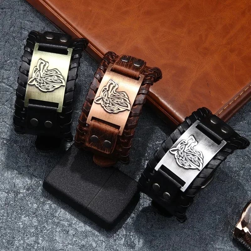Bracelet Tressé en Cuir Vintage Viking pour Homme, Tête de Loup Celtique, Motifs Animaux Classiques, Bijoux à Main, Accessoires