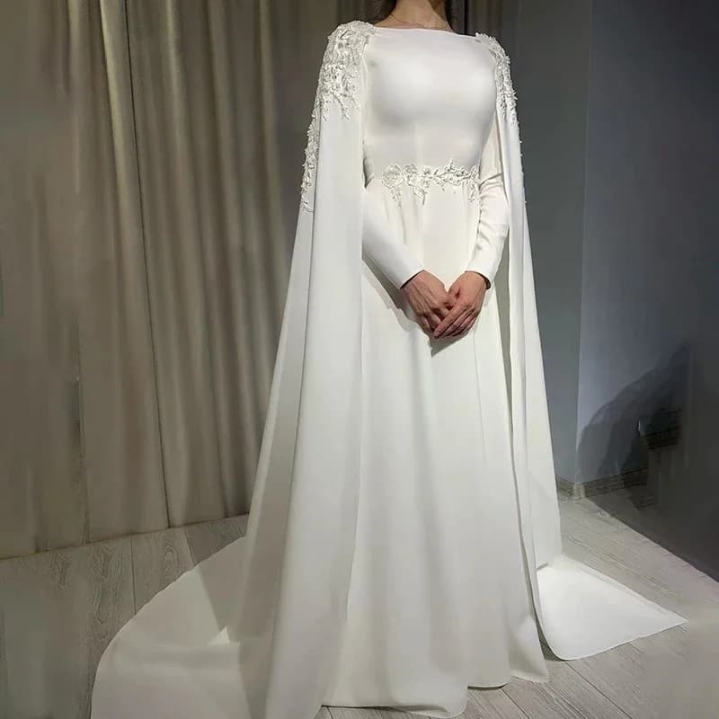 Robe De mariée musulmane personnalisée, grande taille, avec Cape, ligne A, manches longues, en Satin, arabe, dubaï, en dentelle