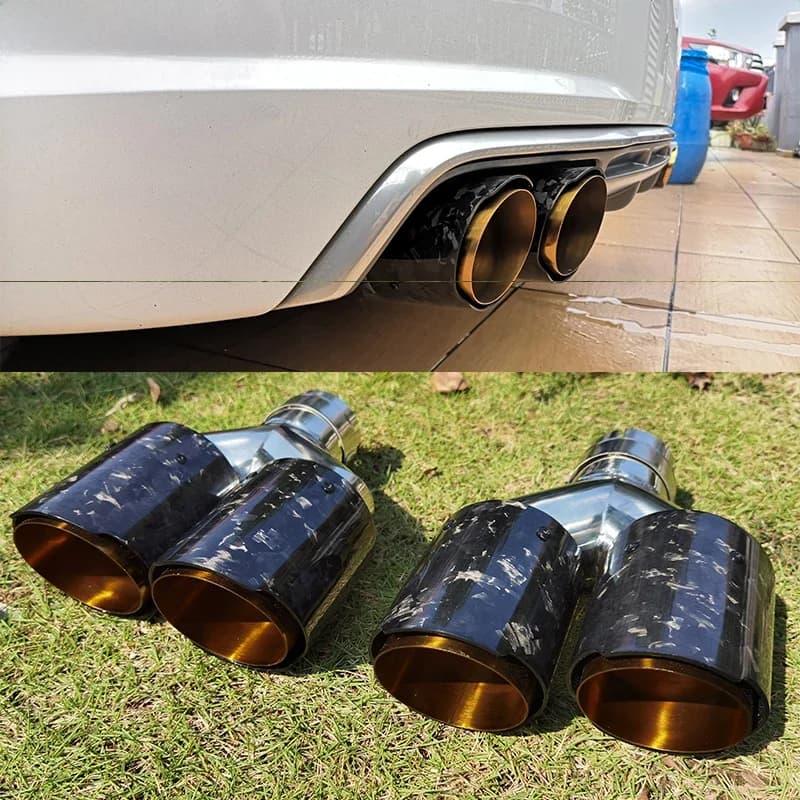 Véritable SUMSOO1PCS double fibre de carbone forgée + pointe d'échappement de voiture en acier inoxydable chromé doré silencieux de Modification de tuyau à Double extrémité