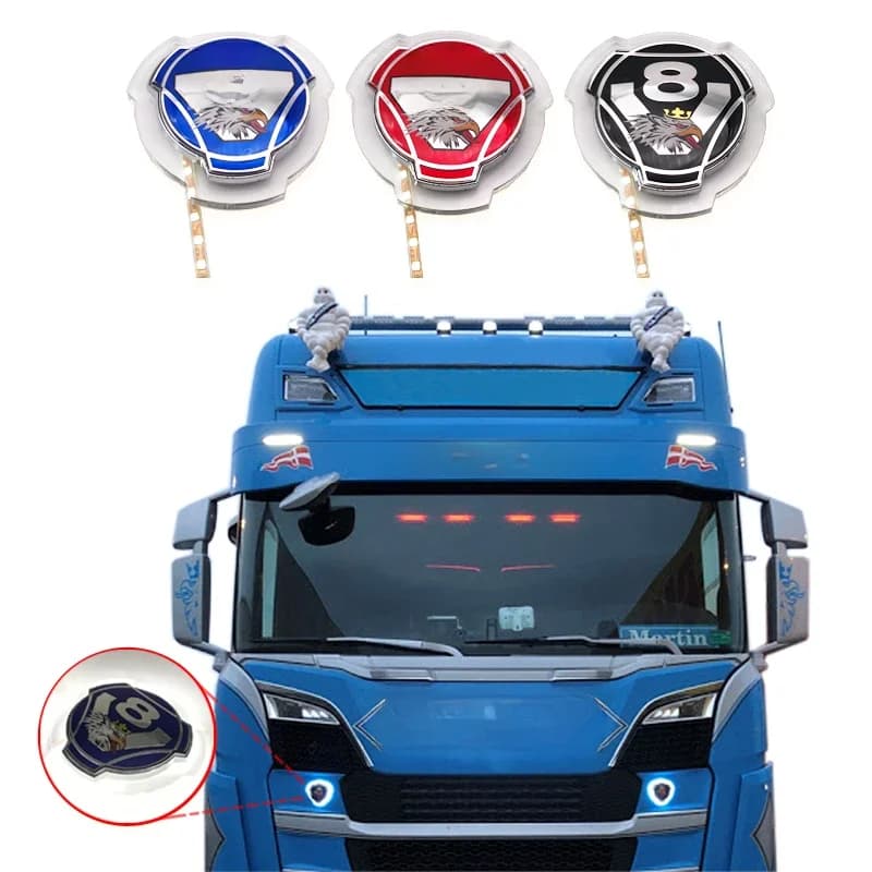 Grille de calandre avant personnalisée avec logo Griffin V8, badge d'emblème, bandes lumineuses LED blanches, fils d'éclairage, adapté aux camions suédois, 1 PC, 24V