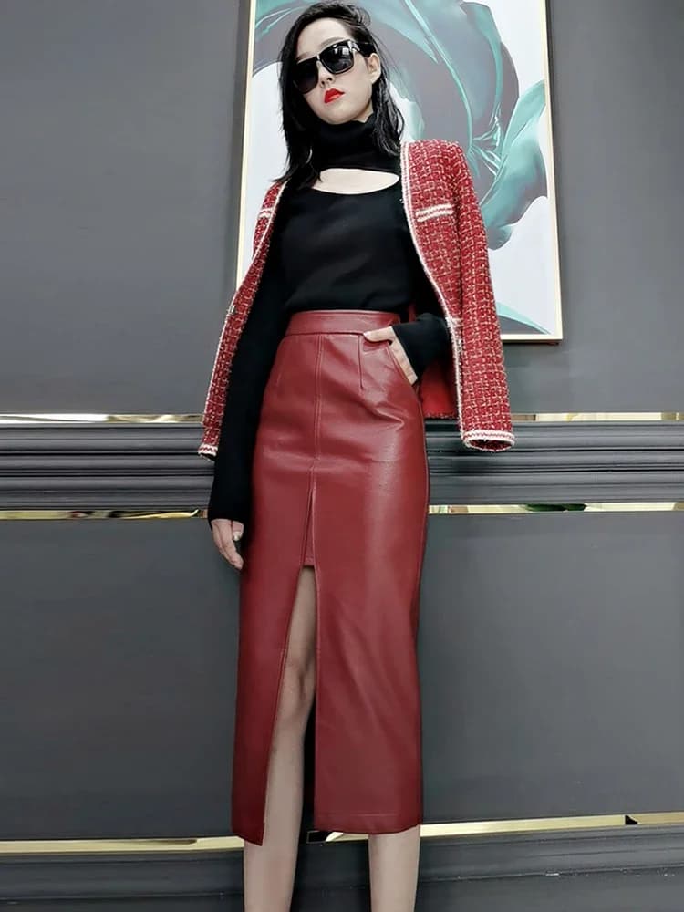 Jupe crayon longue en similicuir souple Lautaro pour femme avec fentes avant et poches, taille haute, longueur midi, couleur bordeaux