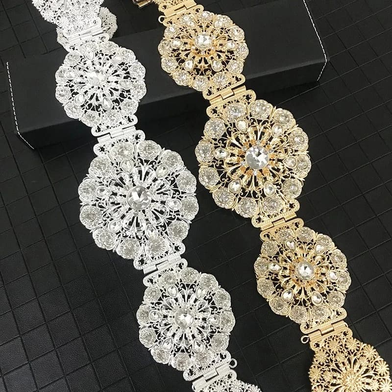 Ceinture métallique Vintage pour femmes, nouvelle chaîne de taille ronde ajourée à fleurs scintillantes de luxe pour filles algériennes, accès aux bijoux de mariage