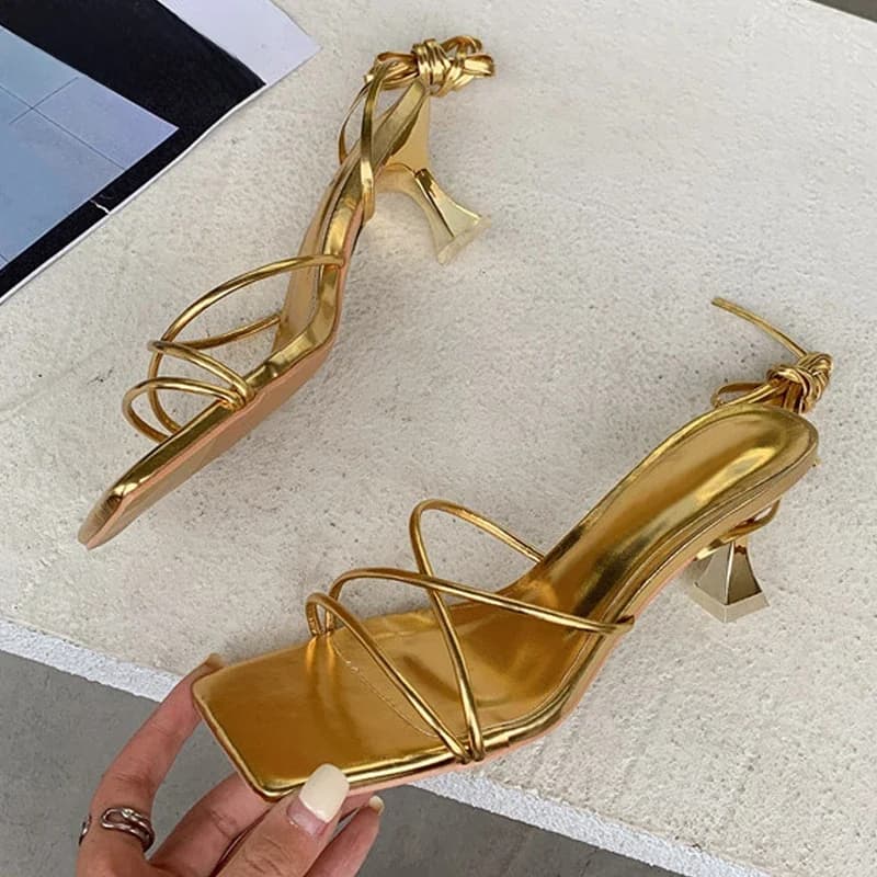 Eilyken-Sandales à lacets dorées et argentées pour femme, chaussures fines à talons bas, style gladiateur, décontractées, bande étroite, été