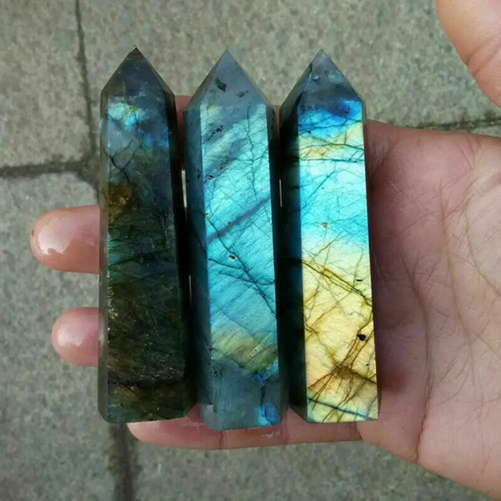 Prismes hexagonaux en Quartz Labradorite naturel, colonne de cristal d'obélisque, pointe de baguette, traitement de guérison, cadeaux en pierre