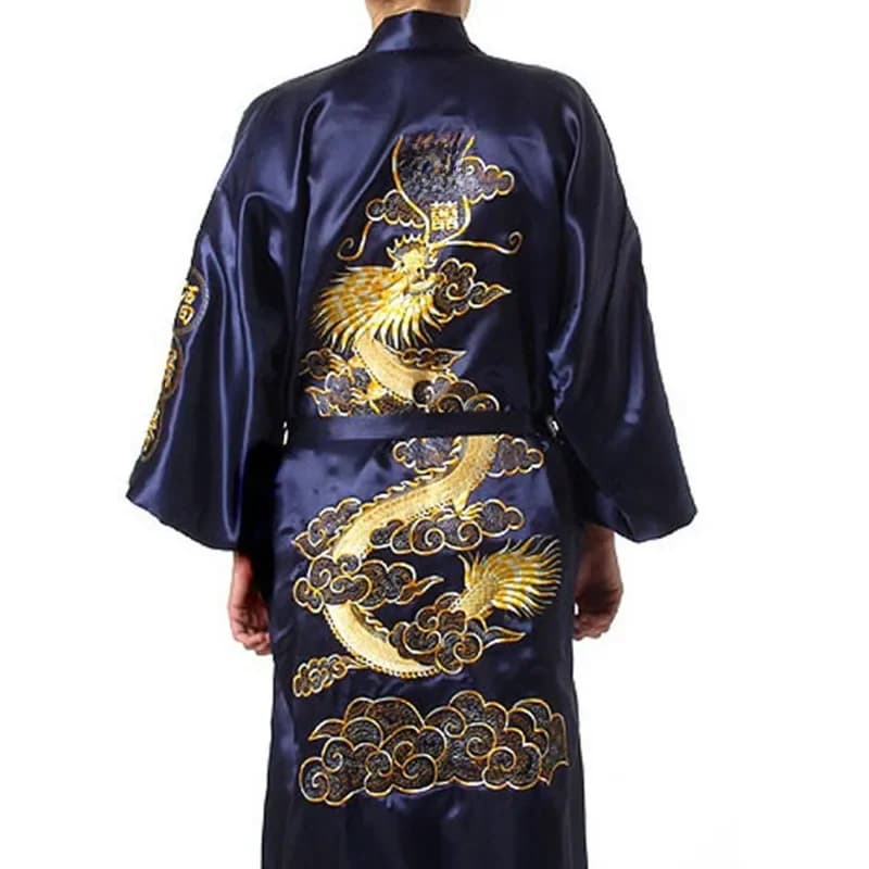 Kimono Chinois en Satin Bleu Marine pour Homme, Robe de Bain Brodée Dragon, Taille S M L XL média XXXL