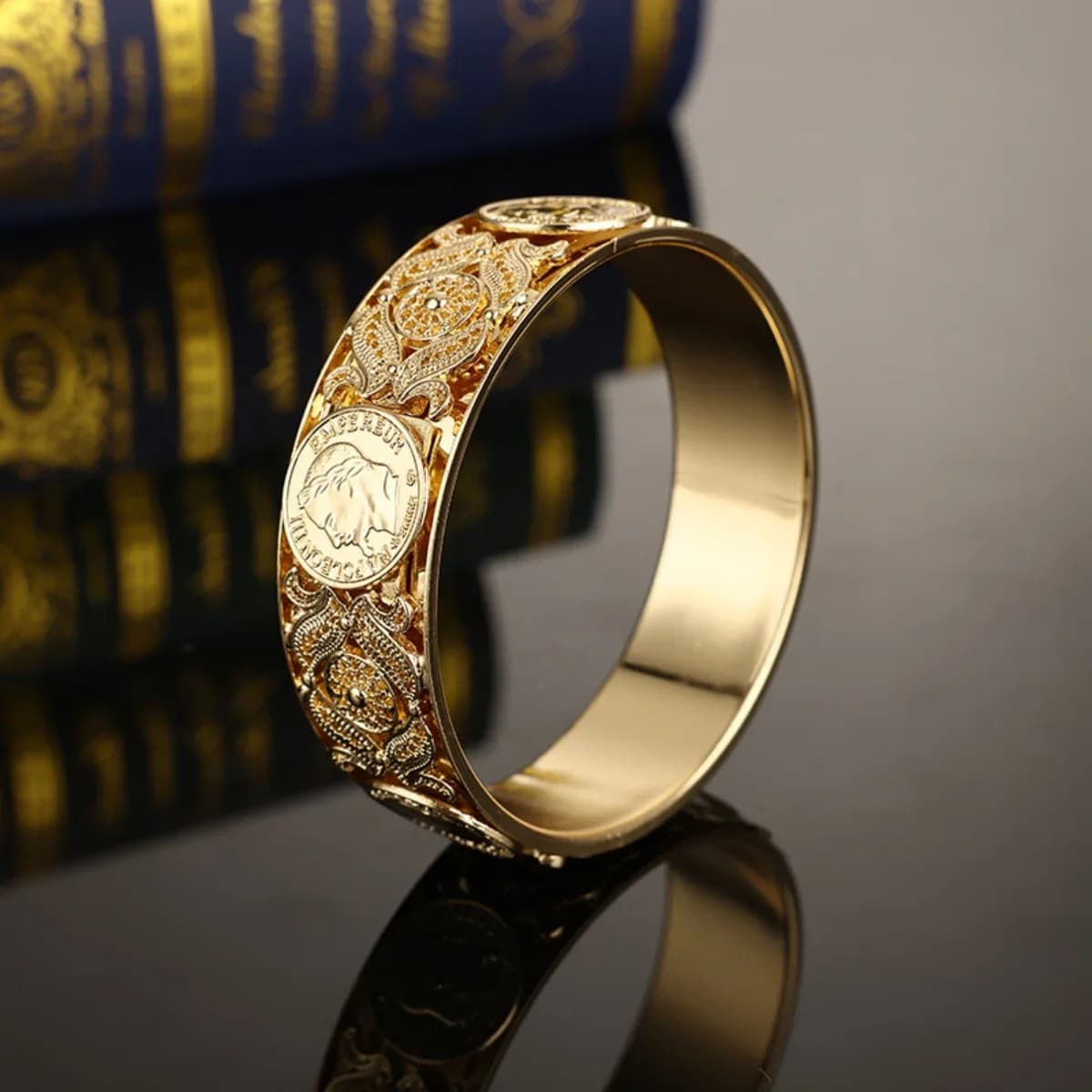 Bracelet Napoléon III de couleur dorée, pièce française classique, Design évidé, Bracelet de mariage