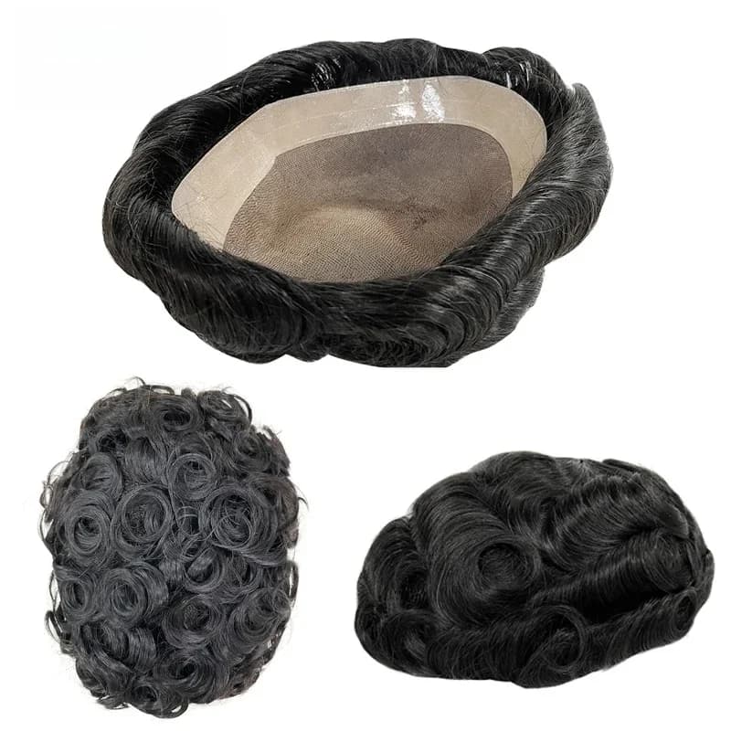 Hommes toupet Fine Mono NPU humain naturel postiche vague droite perruques de cheveux humains 25mm Curl hommes prothèse capillaire couleur naturelle