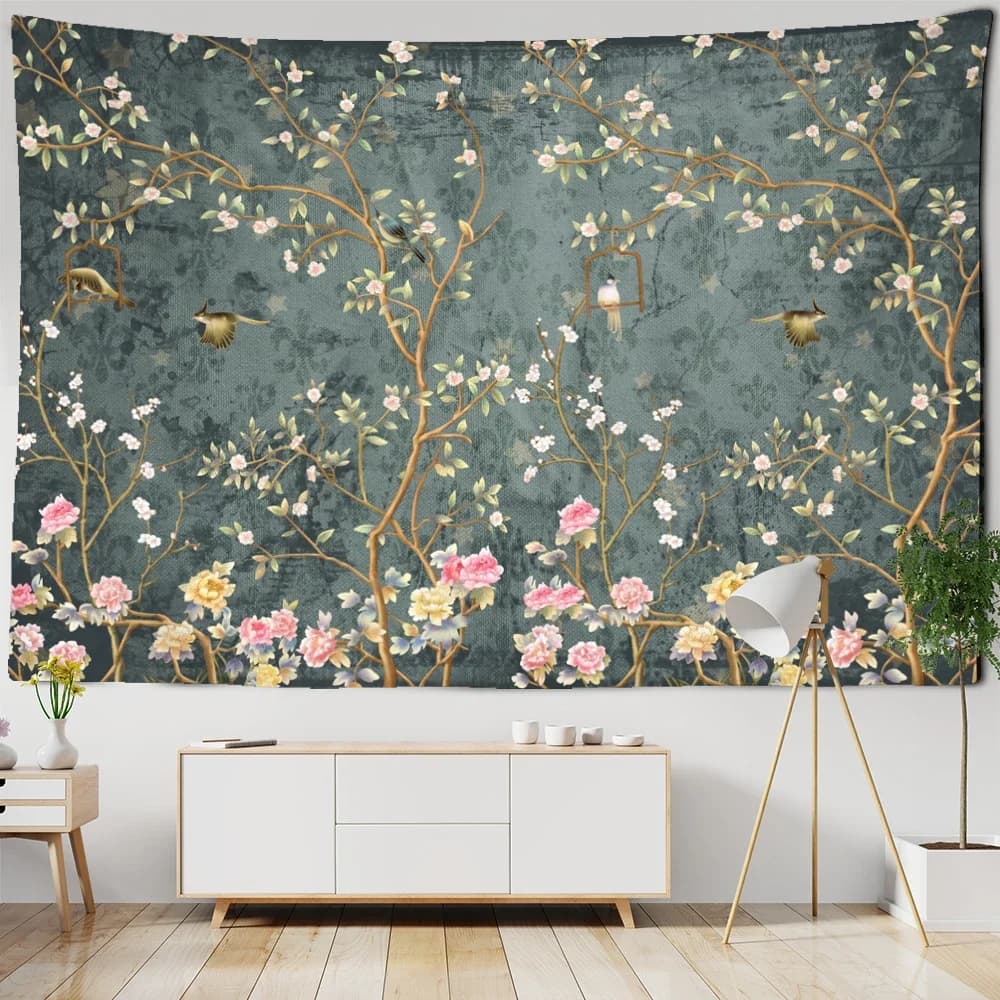 Tapisserie murale suspendue avec peinture à l'huile d'oiseau et de fleurs, tapis de Table psychédélique, style bohème, Hippie, Art de sorcellerie, décoration de maison