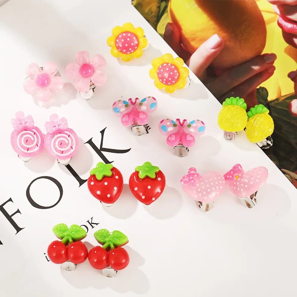 Bijoux pour petites filles, boucles d'oreilles en résine, Animal mignon, fruits, cerises, Clip d'oreille percé, cadeau de fête, fleur de dessin animé